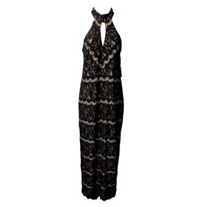 NWT Marina Black Cream Lace Overlay High Keyhole Neck Cocktail Sheath Dress 12